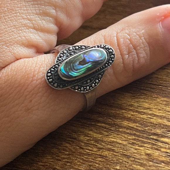 Stunning vintage stamped sterling silver abalone shell elongated ring Woodstock - Picture 8 of 9